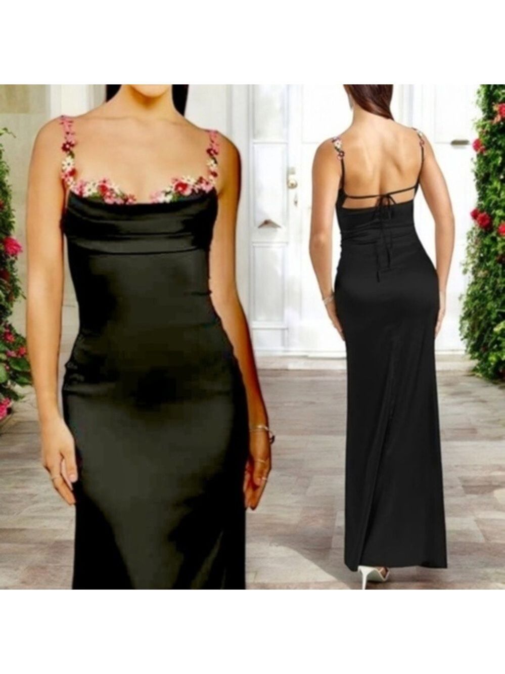 Black Satiny Floral-Embroidered Bust/Straps Fitted Evening Formal Maxi Dress NWT